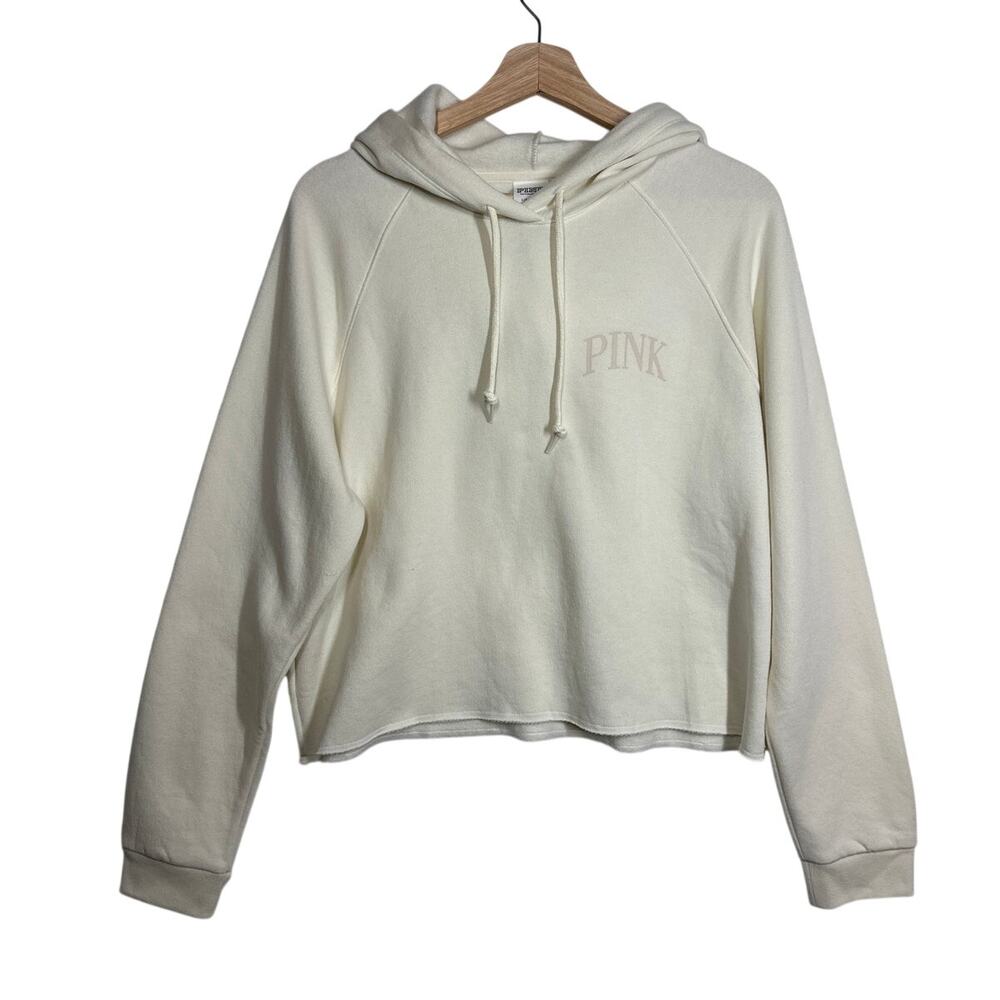 Victoria’s Secret PINK Cropped Hoodie Cream Fleece Raw Hem Logo NWT Sz L Cozy